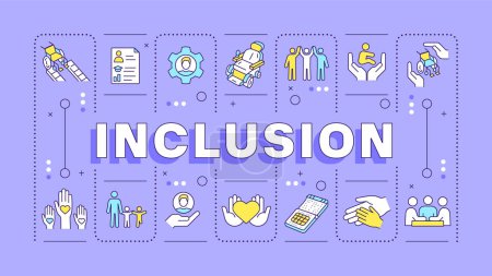 Illustration for Inclusion purple word concept. Diversity business disability. Social justice, accessibility. Typography banner. Vector illustration with title text, editable icons color. Hubot Sans font used - Royalty Free Image