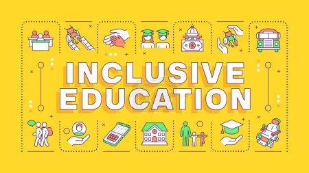 Inclusive education yellow word concept. School inclusion, equality. Disability acceptance. Typography banner. Vector illustration with title text, editable icons color. Hubot Sans font used