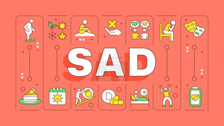 SAD red word concept. Affective disorder, low mood. Interest loss, concentrating issues. Typography banner. Vector illustration with title text, editable icons color. Hubot Sans font used