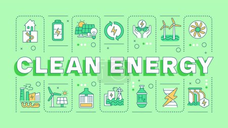 Clean energy green word concept. Energy windmill, green technology. Nature preservation. Typography banner. Vector illustration with title text, editable icons color. Hubot Sans font used