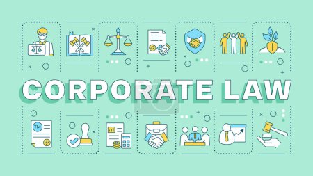 Corporate law turquoise word concept. Litigation support, lawyer. Business contract signing. Typography banner. Vector illustration with title text, editable icons color. Hubot Sans font used