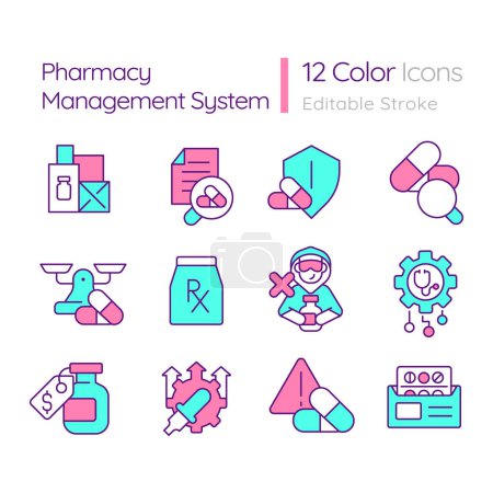 PMS system multi color concept icons. Regulatory compliance, industry standard. Drug labeling, pharmaceutical products. Icon pack. Vector images. Round shape illustrations. Abstract idea