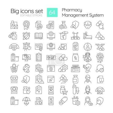Pharmacy management system linear icons set. Medications customizing, dosage medicine. Patient needs. Customizable thin line symbols. Isolated vector outline illustrations. Editable stroke