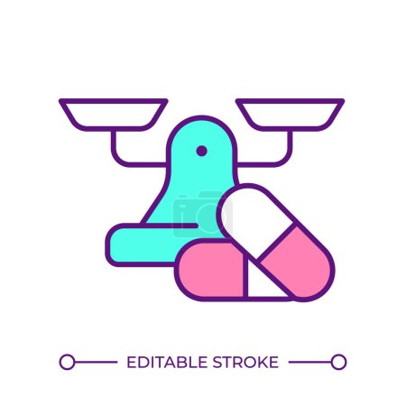 Medicine dosage RGB color icon. Patient support services. Scales balance. Pharmaceutical capsules. Medication pills. Isolated vector illustration. Simple filled line drawing. Editable stroke