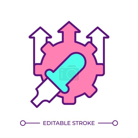 Drug manufacturing monitoring RGB color icon. Pharmaceutical products, quality control. Pill production, chemical compounds. Isolated vector illustration. Simple filled line drawing. Editable stroke