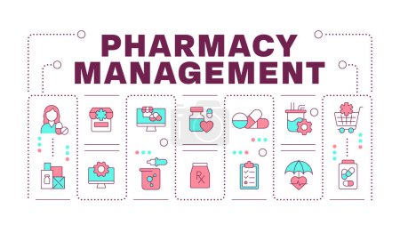 Pharmacy management word concept isolated on white. Chemical compound, pill production. Factory equipment. Creative illustration banner surrounded by editable line colorful icons. Hubot Sans font used