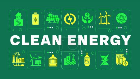 Clean energy green word concept. Energy windmill, green technology. Nature preservation. Visual communication. Vector art with lettering text, editable glyph icons. Hubot Sans font used