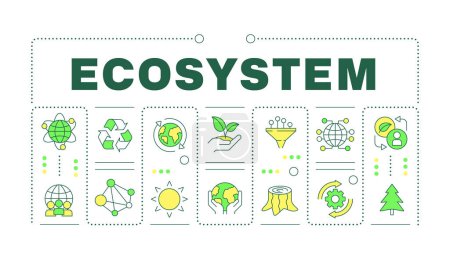 Ecosystem green word concept isolated on white. Biodiversity agriculture. Nature preservation. Creative illustration banner surrounded by editable line colorful icons. Hubot Sans font used
