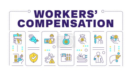 Workers compensation yellow word concept isolated on white. Business insurance, employees safeguard. Creative illustration banner surrounded by editable line colorful icons. Hubot Sans font used