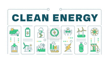 Clean energy green word concept isolated on white. Energy windmill, green technology. Nature preservation. Creative illustration banner surrounded by editable line colorful icons. Hubot Sans font used
