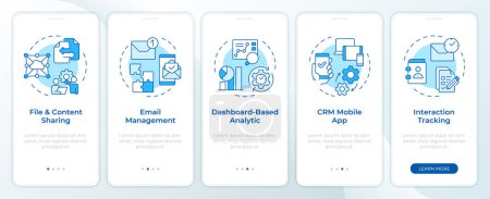 CRM organizational benefits blue onboarding mobile app screen. Walkthrough 5 steps editable graphic instructions with linear concepts. UI, UX, GUI template. Montserrat SemiBold, Regular fonts used