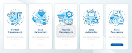 CRM features blue onboarding mobile app screen. Walkthrough 5 steps editable graphic instructions with linear concepts. UI, UX, GUI template. Montserrat SemiBold, Regular fonts used