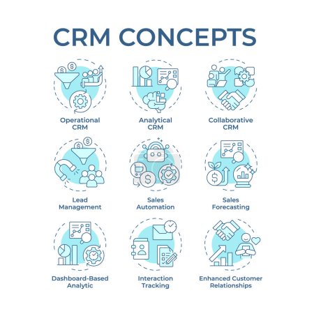 CRM system types soft blue concept icons. Customer management, sales automation. Business intelligence. Icon pack. Vector images. Round shape illustrations for infographic. Abstract idea