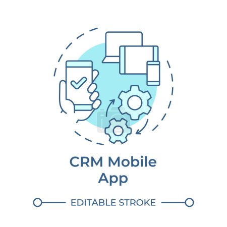 CRM aplicación móvil icono concepto azul suave. Gestión empresarial, procesos de comunicación. Ilustración de línea de forma redonda. Una idea abstracta. Diseño gráfico. Fácil de usar en infografía, presentación