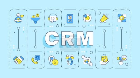 CRM turquoise word concept. Customer data. Social media engagement. Business intelligence. Typography banner. Vector illustration with title text, editable icons color. Hubot Sans font used