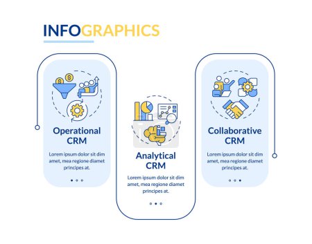Illustration for CRM system types rectangle infographic template. Business intelligence. Data visualization with 3 steps. Editable timeline info chart. Workflow layout with line icons. Lato-Bold, Regular fonts used - Royalty Free Image