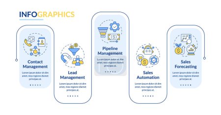 CRM systems features rectangle infographic template. Project management. Data visualization with 5 steps. Editable timeline info chart. Workflow layout with line icons. Lato-Bold, Regular fonts used