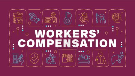 Workers compensation yellow word concept. Business insurance, employees safeguard. Horizontal vector image. Headline text surrounded by editable outline icons. Hubot Sans font used