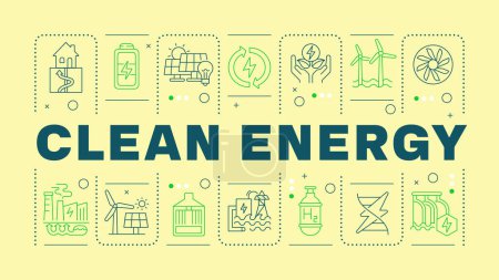 Clean energy green word concept. Energy windmill, green technology. Nature preservation. Horizontal vector image. Headline text surrounded by editable outline icons. Hubot Sans font used