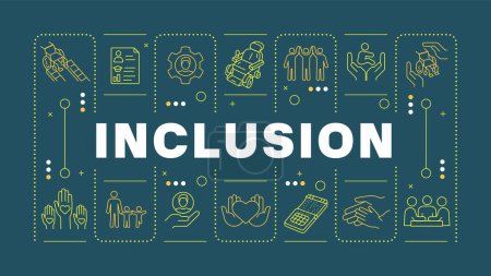 Illustration for Inclusion purple word concept. Diversity business disability. Social justice, accessibility. Horizontal vector image. Headline text surrounded by editable outline icons. Hubot Sans font used - Royalty Free Image