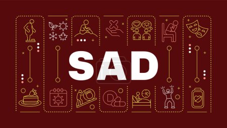 SAD red word concept. Affective disorder, low mood. Interest loss, concentrating issues. Horizontal vector image. Headline text surrounded by editable outline icons. Hubot Sans font used