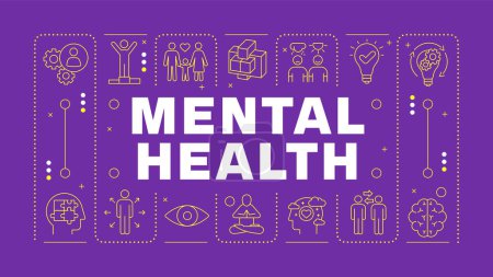 Mental health light purple word concept. Social connections, relationships. Mindfulness meditation. Horizontal vector image. Headline text surrounded by editable outline icons. Hubot Sans font used