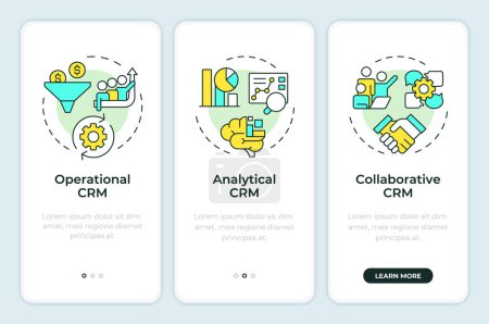 Illustration for CRM tool types onboarding mobile app screen. Business automation. Walkthrough 3 steps editable graphic instructions with linear concepts. UI, UX, GUI template. Montserrat SemiBold, Regular fonts used - Royalty Free Image