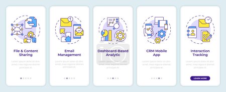 CRM system benefits onboarding mobile app screen. Walkthrough 5 steps editable graphic instructions with linear concepts. UI, UX, GUI template. Montserrat SemiBold, Regular fonts used