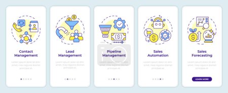 CRM software features onboarding mobile app screen. Walkthrough 5 steps editable graphic instructions with linear concepts. UI, UX, GUI template. Montserrat SemiBold, Regular fonts used