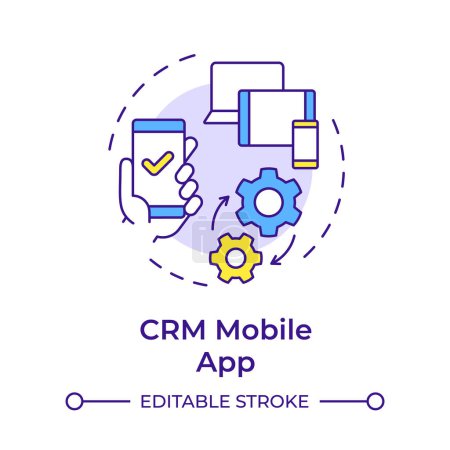 CRM mobile App Multi-Color-Konzept Symbol. Geschäftsführung, Kommunikationsprozesse. Abbildung der runden Formlinie. Abstrakte Idee. Grafikdesign. Einfache Bedienung in Infografik, Präsentation