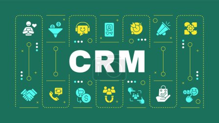 CRM green word concept. Social media marketing. Content sharing, behavior analysis. Visual communication. Vector art with lettering text, editable glyph icons. Hubot Sans font used