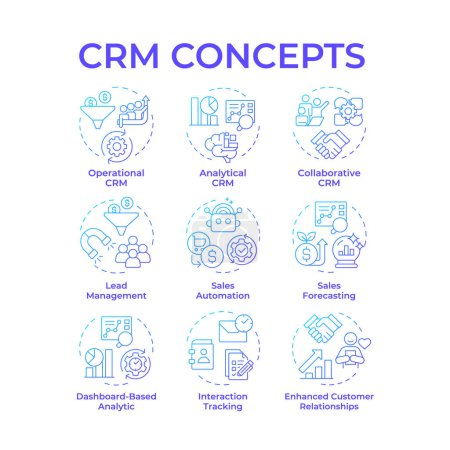 CRM system types blue gradient concept icons. Customer management, sales automation. Business intelligence. Icon pack. Vector images. Round shape illustrations for infographic. Abstract idea
