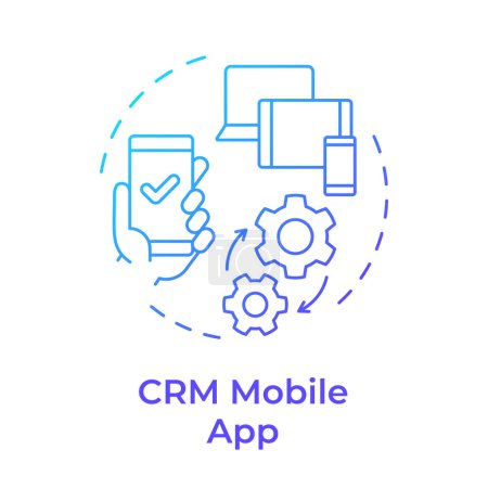 CRM mobile app blue gradient concept icon. Geschäftsführung, Kommunikationsprozesse. Abbildung der runden Formlinie. Abstrakte Idee. Grafikdesign. Einfache Bedienung in Infografik, Präsentation