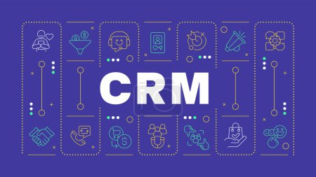 CRM blue word concept. Customer relationships. Email management, advanced analytics. Horizontal vector image. Headline text surrounded by editable outline icons. Hubot Sans font used