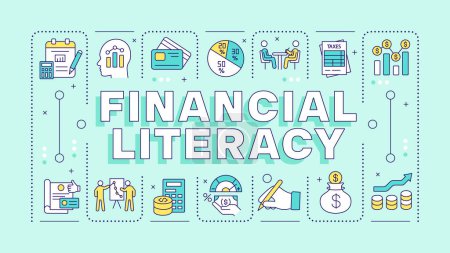 Financial literacy turquoise word concept. Family saving, paying bills. Personal finance. Typography banner. Vector illustration with title text, editable icons color. Hubot Sans font used