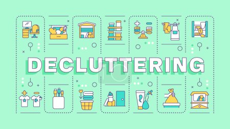 Decluttering green word concept. House cleanup, cloth sorting. Cleaning services, organized desk. Typography banner. Vector illustration with title text, editable icons color. Hubot Sans font used