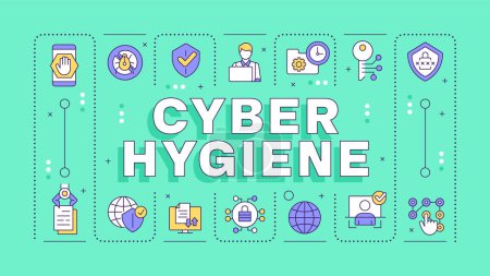 Cyber hygiene green word concept. Internet privacy, cybersecurity. Data protection. Typography banner. Vector illustration with title text, editable icons color. Hubot Sans font used