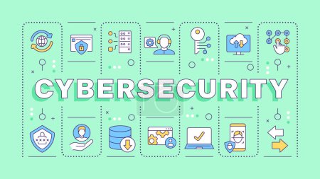 Cybersecurity green word concept. Face recognition, data privacy. Cloud communication management. Typography banner. Vector illustration with title text, editable icons color. Hubot Sans font used