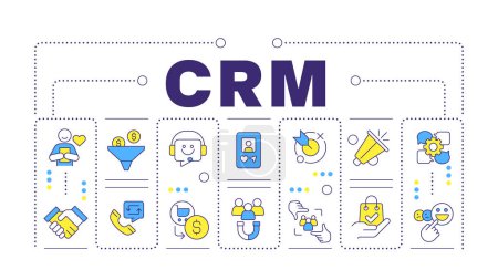 CRM word concept isolated on white. Social media marketing. Advanced analytics, key performance. Creative illustration banner surrounded by editable line colorful icons. Hubot Sans font used
