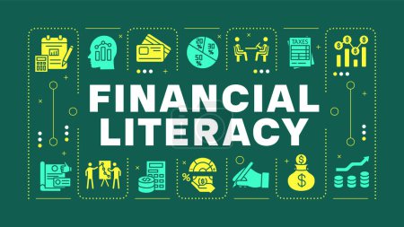 Financial literacy teal word concept. Family saving, paying bills. Personal finance. Visual communication. Vector art with lettering text, editable glyph icons. Hubot Sans font used