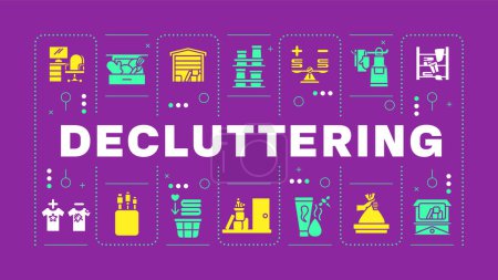 Illustration for Decluttering purple word concept. House cleanup, cloth sorting. Cleaning services, organized desk. Visual communication. Vector art with lettering text, editable glyph icons. Hubot Sans font used - Royalty Free Image