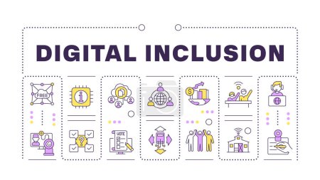 Digital inclusion word concept isolated on white. Web accessibility, communication technology. Creative illustration banner surrounded by editable line colorful icons. Hubot Sans font used