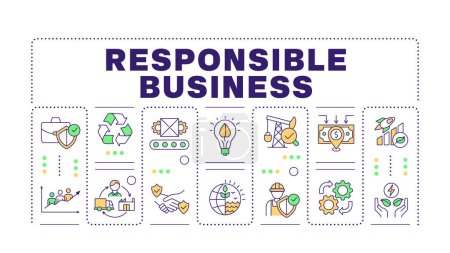 Responsible business word concept isolated on white. Corporate earth friendly. Social responsibility. Creative illustration banner surrounded by editable line colorful icons. Hubot Sans font used