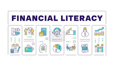 Financial literacy word concept isolated on white. Family saving, paying bills. Personal finance. Creative illustration banner surrounded by editable line colorful icons. Hubot Sans font used