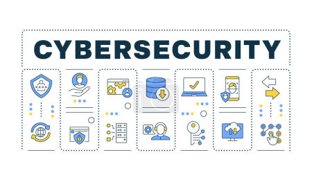 Cybersecurity word concept isolated on white. Face recognition. Cloud communication management. Creative illustration banner surrounded by editable line colorful icons. Hubot Sans font used
