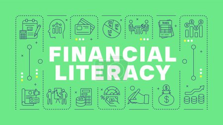 Financial literacy green word concept. Family saving, paying bills. Personal finance. Horizontal vector image. Headline text surrounded by editable outline icons. Hubot Sans font used