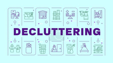 Illustration for Decluttering light turquoise word concept. House cleanup. Cleaning services, organized desk. Horizontal vector image. Headline text surrounded by editable outline icons. Hubot Sans font used - Royalty Free Image