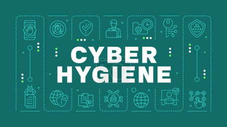 Cyber hygiene teal word concept. Internet privacy, cybersecurity. Data protection. Horizontal vector image. Headline text surrounded by editable outline icons. Hubot Sans font used