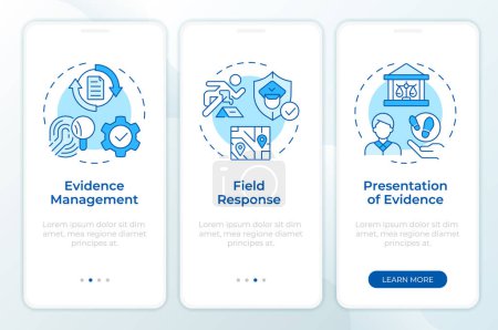 Evidence process blue onboarding mobile app screen. Walkthrough 3 steps editable graphic instructions with linear concepts. UI, UX, GUI template. Montserrat SemiBold, Regular fonts used
