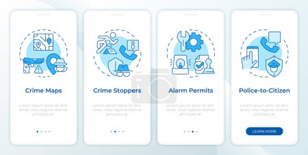 La prevención del crimen mide la pantalla azul de la aplicación móvil de incorporación. Recorrido a través de 4 pasos editables instrucciones gráficas con conceptos lineales. UI, UX, plantilla GUI. Montserrat SemiBold, Regular fuentes utilizadas
